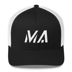 Massachusetts - Mesh Back Trucker Cap - White Embroidery - MA - Many Hat Color Options Available