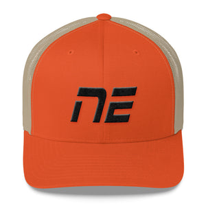 Nebraska - Mesh Back Trucker Cap - Black Embroidery - NE - Many Hat Color Options Available
