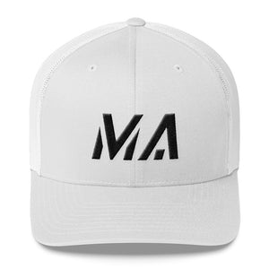 Massachusetts - Mesh Back Trucker Cap - Black Embroidery - MA - Many Hat Color Options Available