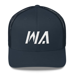 Washington - Mesh Back Trucker Cap - White Embroidery - WA - Many Hat Color Options Available