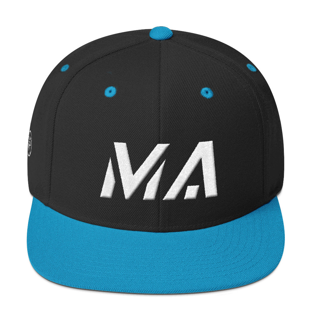 Massachusetts - Flat Brim Hat - White Embroidery - MA - Many Hat Color Options Available
