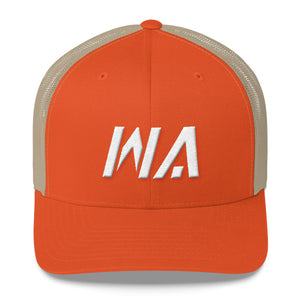 Washington - Mesh Back Trucker Cap - White Embroidery - WA - Many Hat Color Options Available