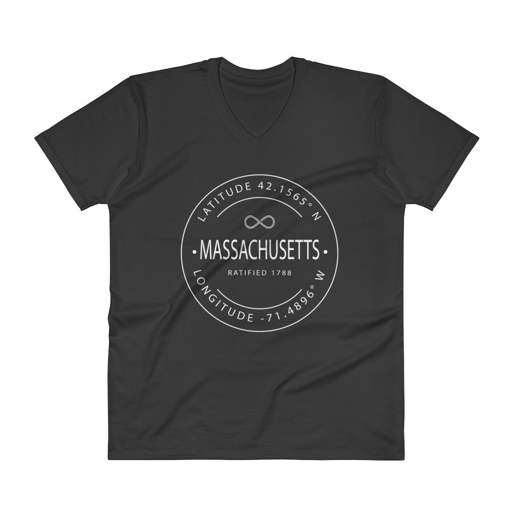 Massachusetts - V-Neck T-Shirt - Latitude & Longitude