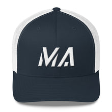 Massachusetts - Mesh Back Trucker Cap - White Embroidery - MA - Many Hat Color Options Available