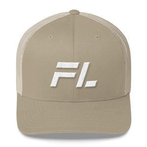 Florida - Mesh Back Trucker Cap - White Embroidery - FL - Many Hat Color Options Available