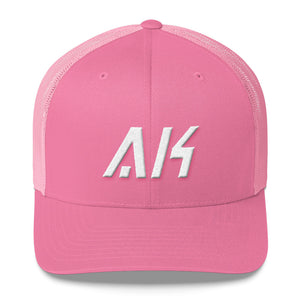 Alaska - Mesh Back Trucker Cap - White Embroidery - AK - Many Hat Color Options Available