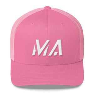 Massachusetts - Mesh Back Trucker Cap - White Embroidery - MA - Many Hat Color Options Available