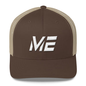 Maine - Mesh Back Trucker Cap - White Embroidery - ME - Many Hat Color Options Available