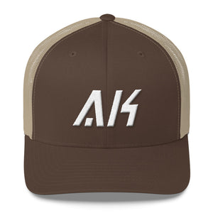 Alaska - Mesh Back Trucker Cap - White Embroidery - AK - Many Hat Color Options Available