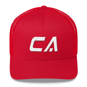 California - Mesh Back Trucker Cap - White Embroidery - CA - Many Hat Color Options Available