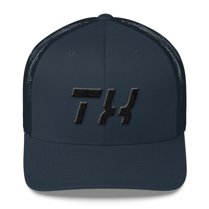 Texas - Mesh Back Trucker Cap - Black Embroidery - TX - Many Hat Color Options Available