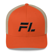 Florida - Mesh Back Trucker Cap - Black Embroidery - FL - Many Hat Color Options Available