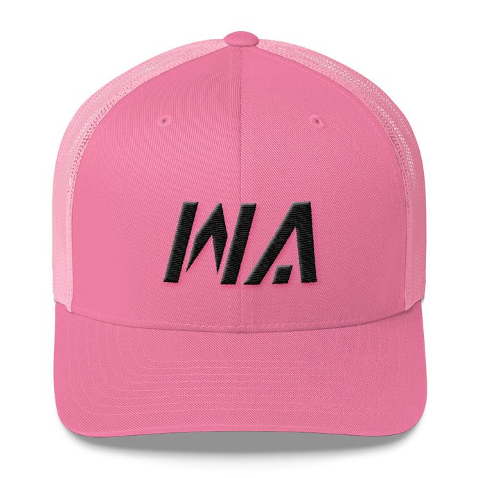 Washington - Mesh Back Trucker Cap - Black Embroidery - WA - Many Hat Color Options Available