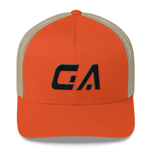 Georgia - Mesh Back Trucker Cap - Black Embroidery - GA - Many Hat Color Options Available