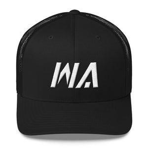 Washington - Mesh Back Trucker Cap - White Embroidery - WA - Many Hat Color Options Available