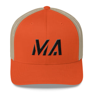 Massachusetts - Mesh Back Trucker Cap - Black Embroidery - MA - Many Hat Color Options Available
