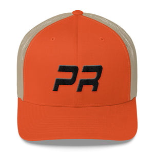 Puerto Rico - Mesh Back Trucker Cap - Black Embroidery - PR - Many Hat Color Options Available
