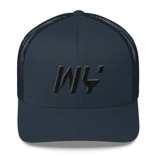 Wyoming - Mesh Back Trucker Cap - Black Embroidery - WY - Many Hat Color Options Available