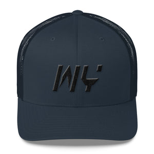 Wyoming - Mesh Back Trucker Cap - Black Embroidery - WY - Many Hat Color Options Available