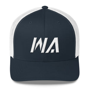 Washington - Mesh Back Trucker Cap - White Embroidery - WA - Many Hat Color Options Available