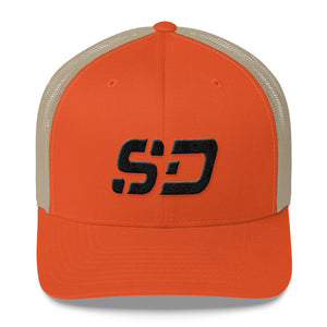 South Dakota - Mesh Back Trucker Cap - Black Embroidery - SD - Many Hat Color Options Available