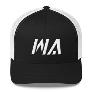 Washington - Mesh Back Trucker Cap - White Embroidery - WA - Many Hat Color Options Available