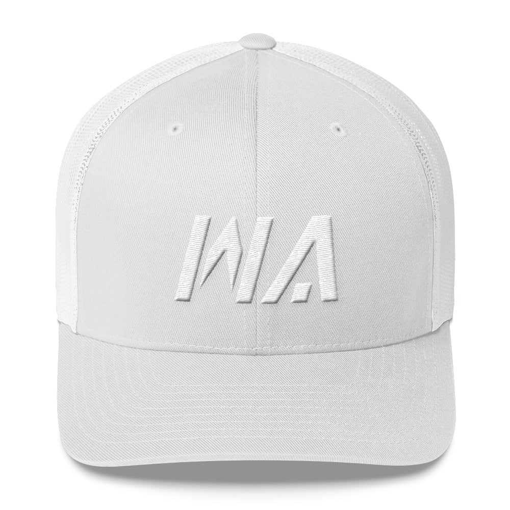 Washington - Mesh Back Trucker Cap - White Embroidery - WA - Many Hat Color Options Available