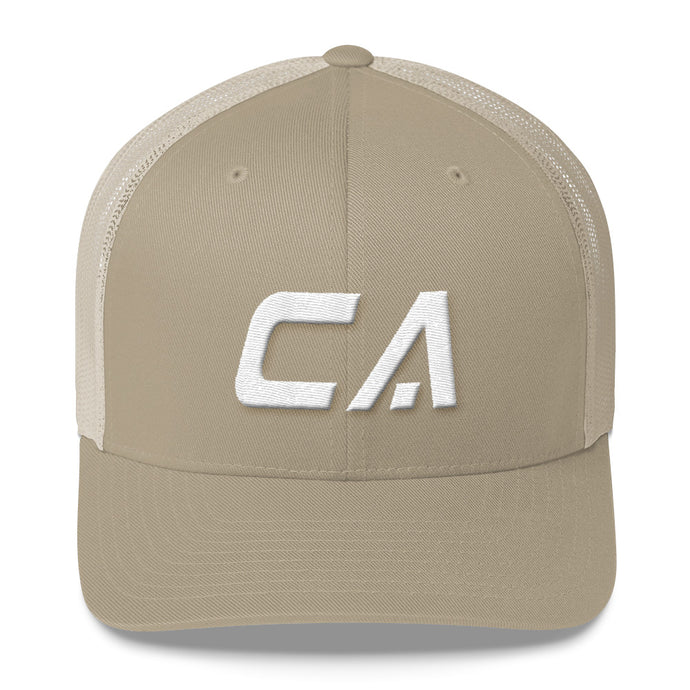 California - Mesh Back Trucker Cap - White Embroidery - CA - Many Hat Color Options Available